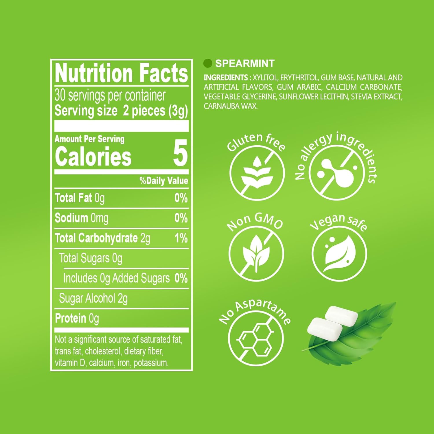 DC24 DAILY CARE Gum, Aspartame Free & Sugar Free Xylitol Chewing Gum with Erythritol, Low-Calorie, Sugarless, Spearmint, 50 Pieces (Pack of 3)