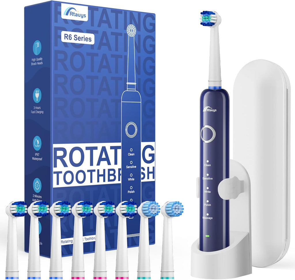 Rtauys R6 Rotating Electric Toothbrush for Adults, Fast Charge, Come with 8 Brush Heads (2 Types) and Travel Case, 5 Modes, 50000VPM Powered Toothbrush, 2 Minute Timer