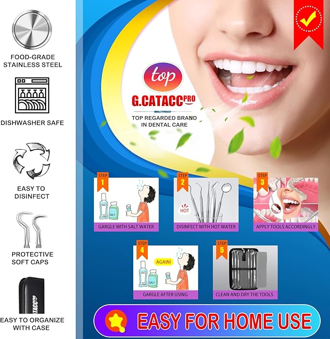G.CATACC 10 Pack Dental Tools, Professional Plaque Remover for Teeth Cleaning Tools Set, Stainless Steel Hygiene Kit with Dental Pick Tooth Scraper Plaque Tartar Remover Tongue Cleaner - with Case
