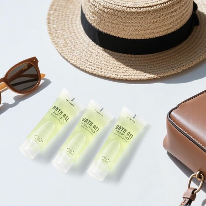 50 Pack Bulk Travel Size Body Wash, 1oz Tubes, White Tea Scent, Mini Shower Gel for Hotel Guests, TSA Approved Toiletries, Individually Sealed for Airbnb, Vacation Rentals