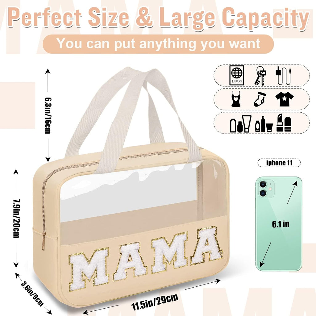 Preppy Clear Mama Makeup Bags with Chenille Letter Patches, Travel Essentials Large Clear Make up Bag Zipper Pouch with Handle, Waterproof Nylon Cosmetic Toiletry Storage Tote for Women (MAMA-Beige)