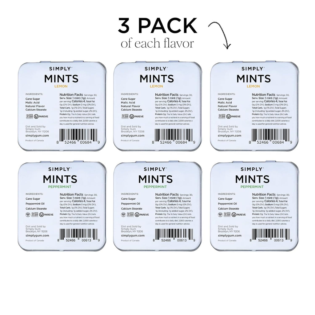 SIMPLY Mints | Peppermint & Lemon Breath Mints Variety Pack | Pack of Six (180 Pieces Total) | Zesty & Refreshing + Aspartame-Free + Vegan + non-GMO