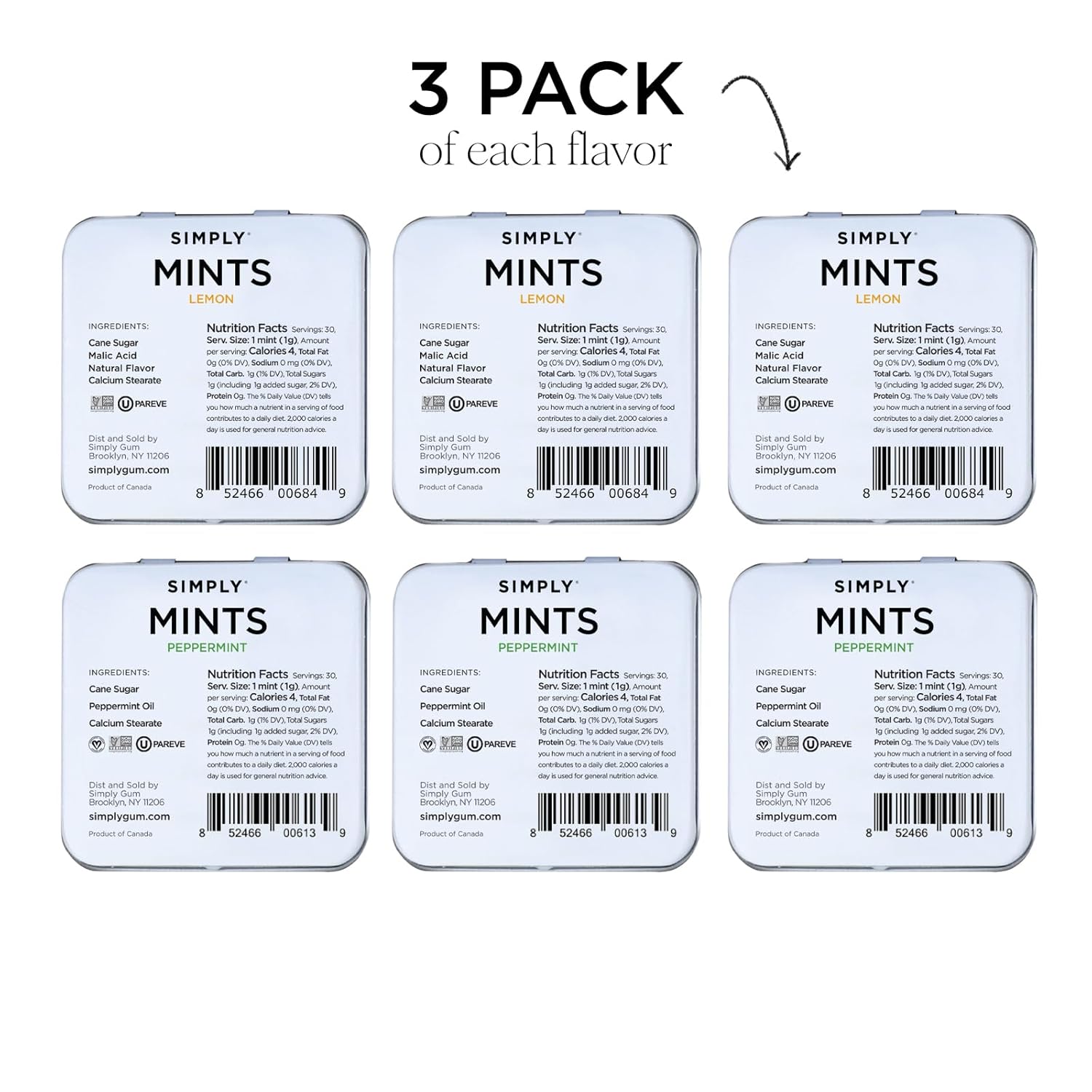 SIMPLY Mints | Peppermint & Lemon Breath Mints Variety Pack | Pack of Six (180 Pieces Total) | Zesty & Refreshing + Aspartame-Free + Vegan + non-GMO