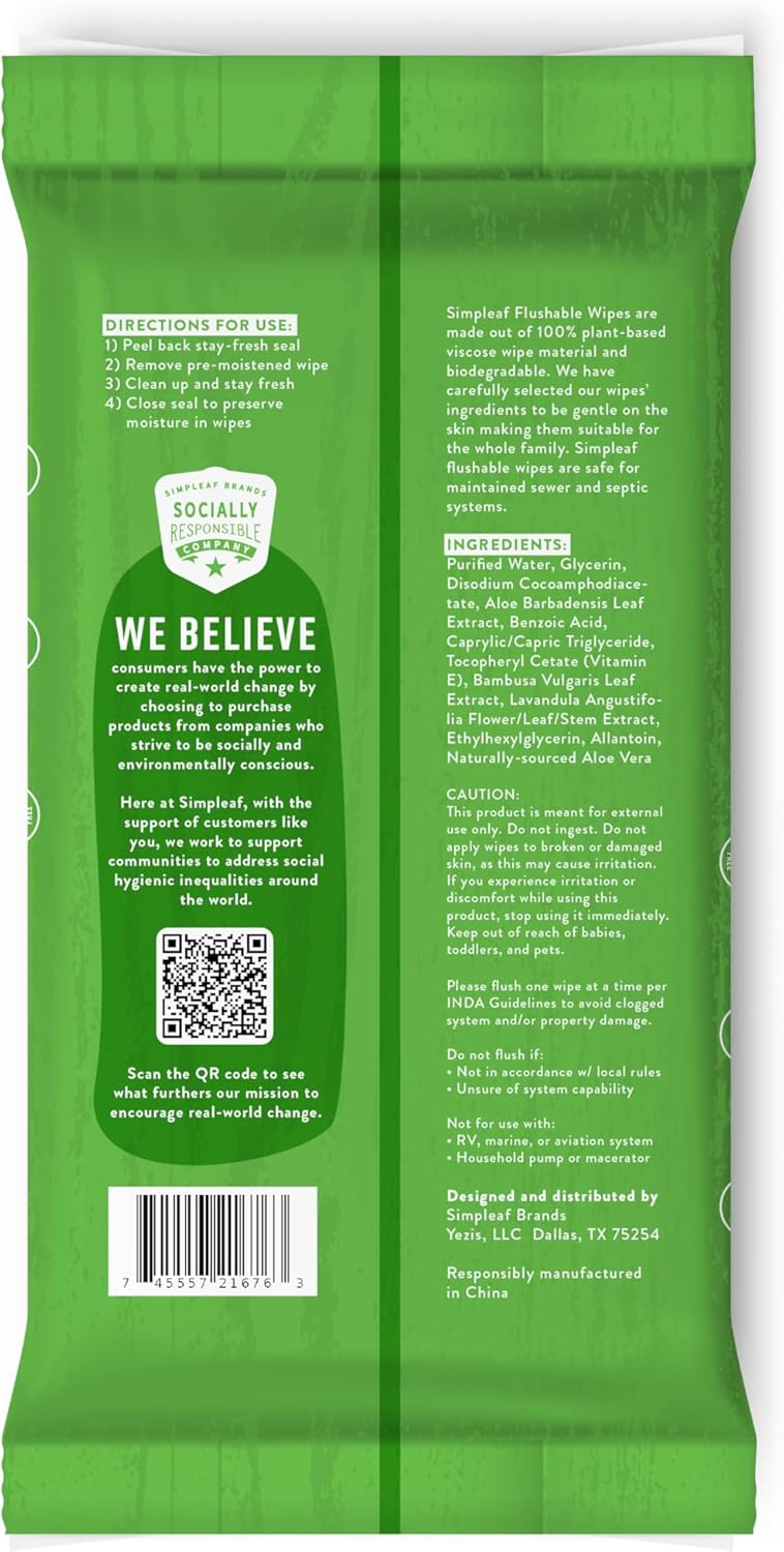 Simpleaf Flushable Wet Wipes Aloe Vera | Plastic Free, Paraben & Alcohol Free | Hypoallergenic & Safe for Sensitive Skin | Soothing Aloe Formula | Adult Toilet Wipes (6 x 50 Counts Pack) 300 Counts