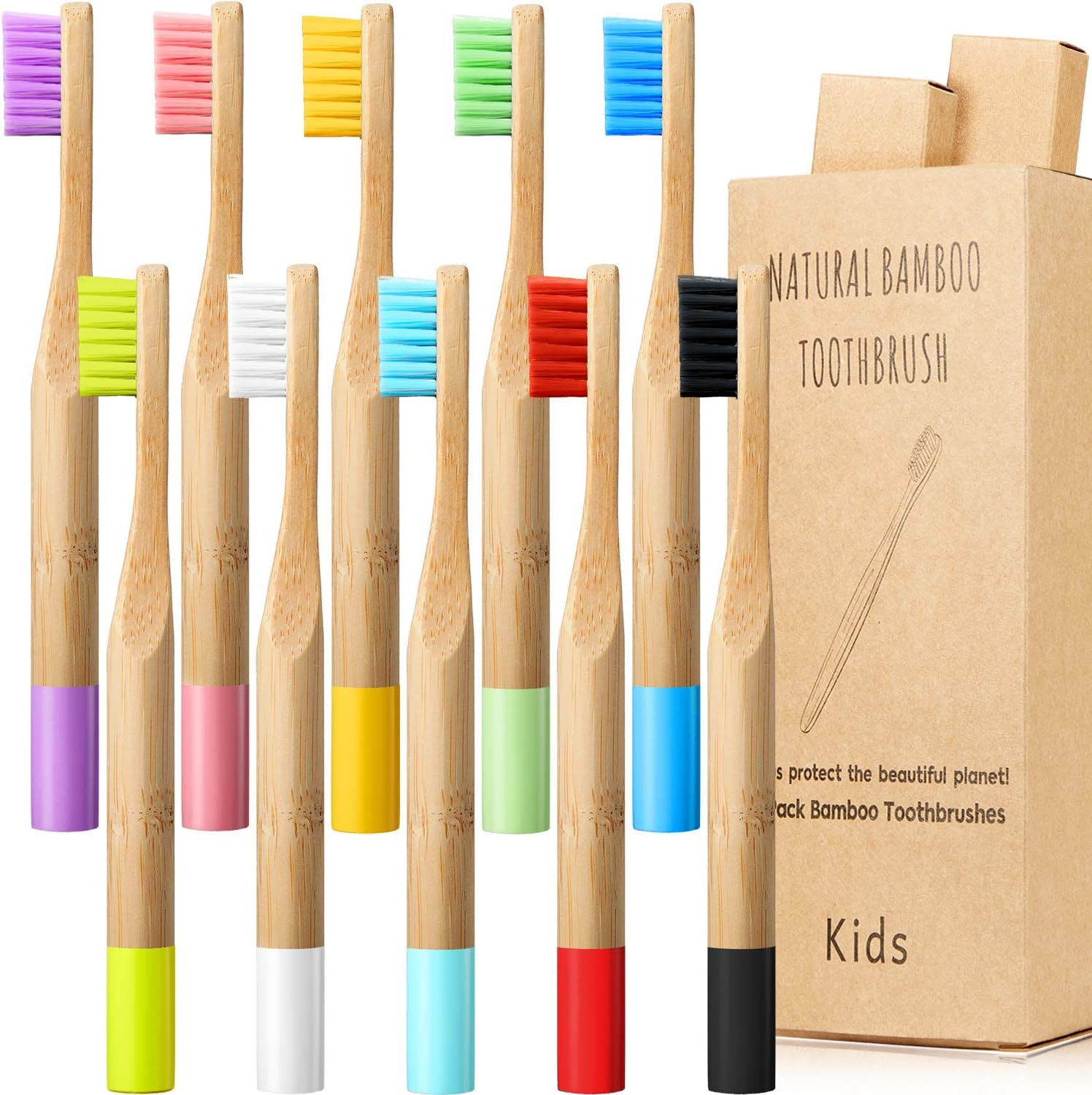 10 Piece Kids Bamboo Toothbrush Set - Natural Soft Bristle, Wooden, Toddler to Adult, Organic, BPA-Free, Colorful Travel Pack