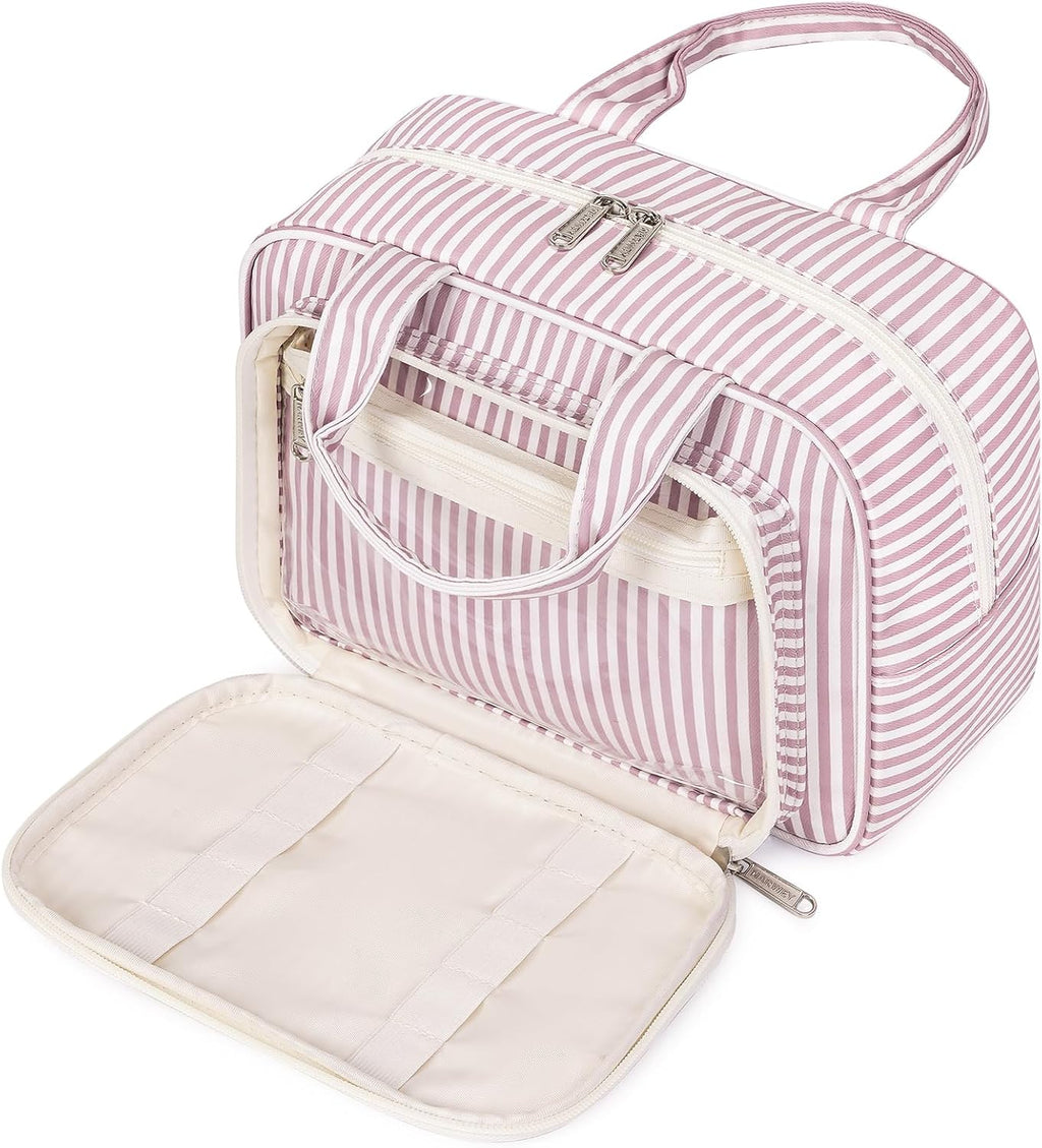 Narwey Large Travel Toiletry Bag for Traveling Women, Cosmetic Makeup Bag Make Up Organizer, Striped Travel Bag for Toiletries with Handle (Dusty Rose Stripe)