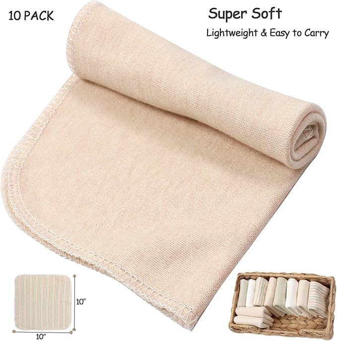 10-Pack Organic Baby Washcloths - Ultra Soft Organic Cotton Reusable Towels, Gentle for Newborn Sensitive Skin, Perfect for Baby Towels, Feeding & Travel Care (Multicolor)