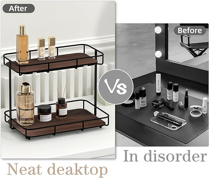 Bathroom Organizer Countertop Perfume Organizer Makeup Organizer Cosmetics Storage Display Rack Vanity Tray Dresser Stainless Steel Gold Shelf White Marble Ceramic Tray (2 Tier L-Black Wood)