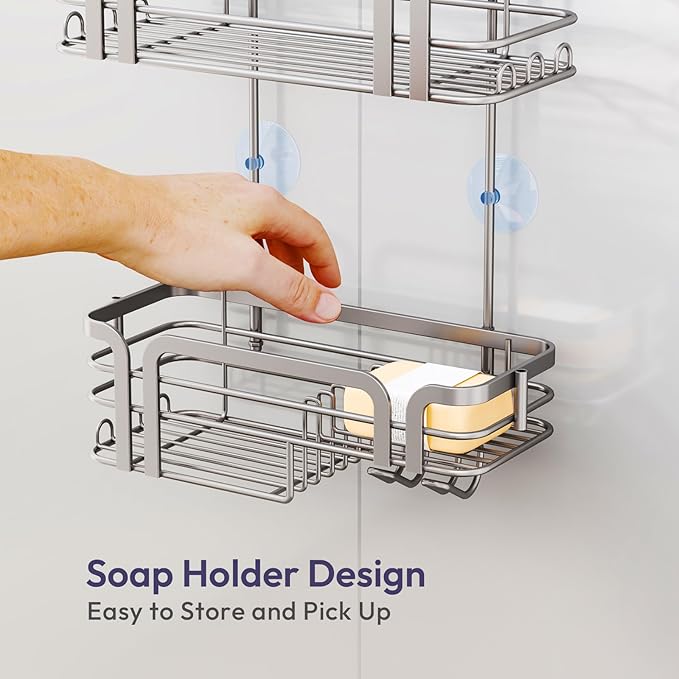 SWTYMIKI Shower Caddy Hanging Organizer - Over the Door Shower Caddy with Soap Holder, 11 Hooks, 2 Installation Ways, Stainless Steel Rustproof Bathroom Organizer, Sand Nickel