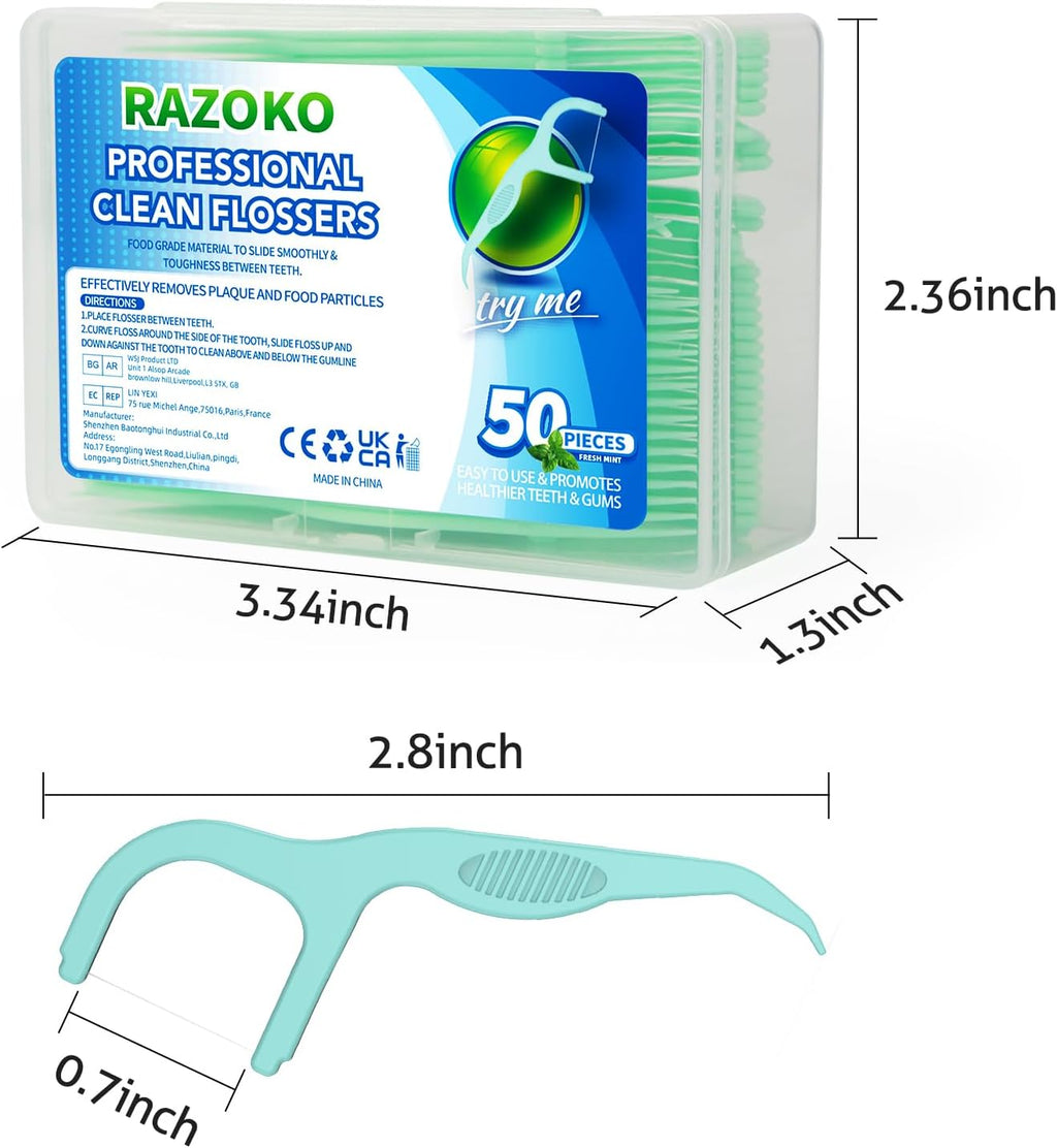 RAZOKO Dental Floss Picks Extra Strong Flosser Pick Toothpicks Fresh Mint 200 Count