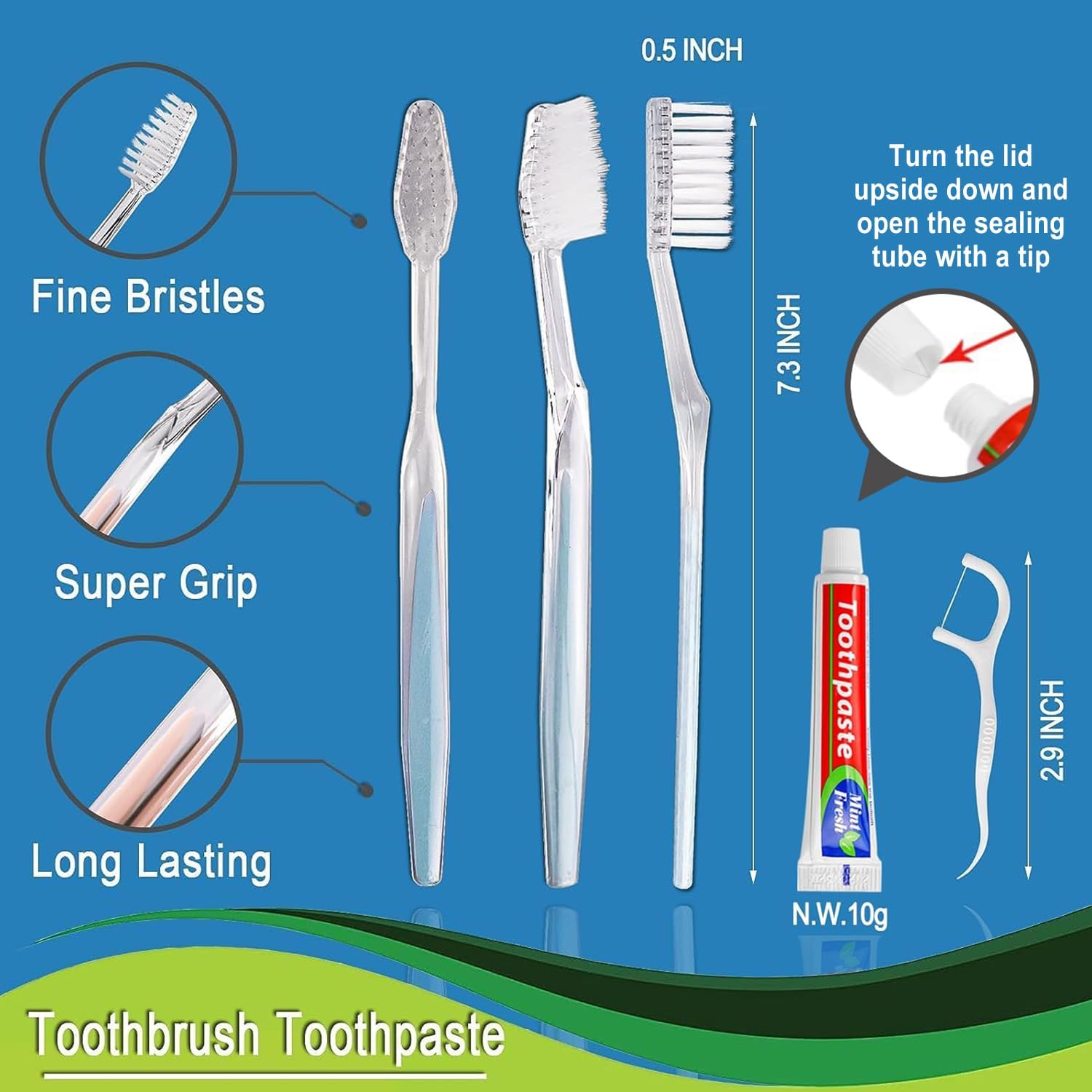 100pcs Disposable Toothbrushes with Toothpaste Floss Individually Wrapped, 2 Color Disposable Toothbrush, 10g Toothpaste, Floss Pick, Bulk Toothbrush Kit for Homeless,Airbnb,Hotel