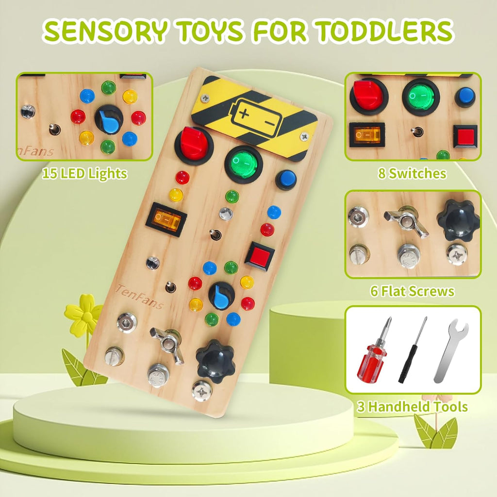 TenFans Montessori Busy Board with 8 LED Light Modes - Sensory Toys for 3-5 Year Olds & Airplane Travel, Wooden Activity Board Develops Fine Motor Skills