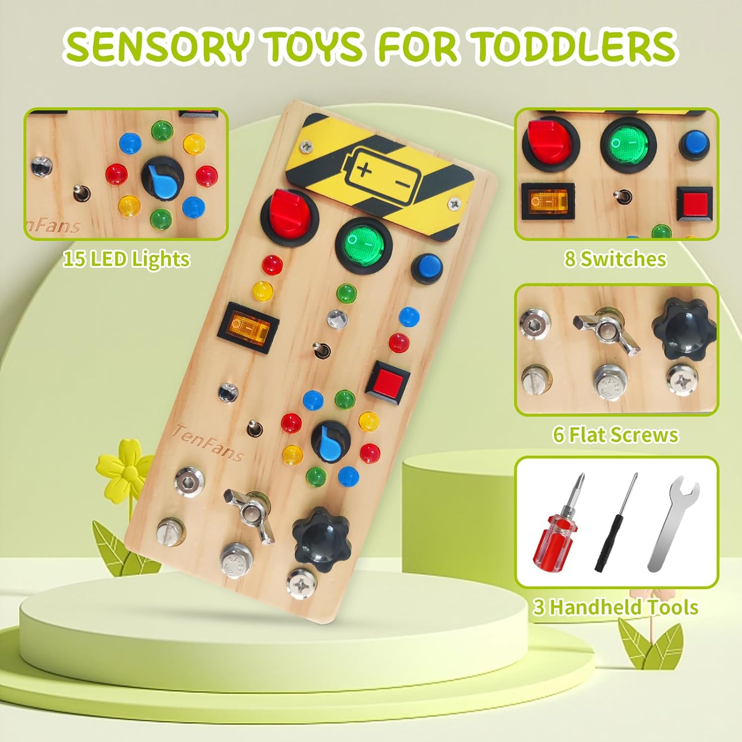 TenFans Montessori Busy Board with 8 LED Light Modes - Sensory Toys for 3-5 Year Olds & Airplane Travel, Wooden Activity Board Develops Fine Motor Skills