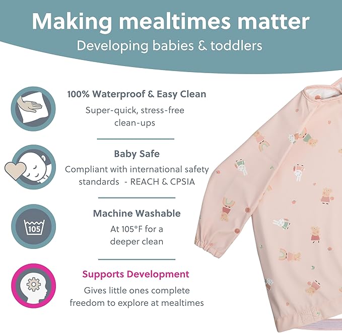 BIBaDO - Long Sleeve Baby Bibs - Babies & Toddlers 6-36 Months - Coverall Baby Led Weaning Bib - Easy Wipe, Soft & Waterproof