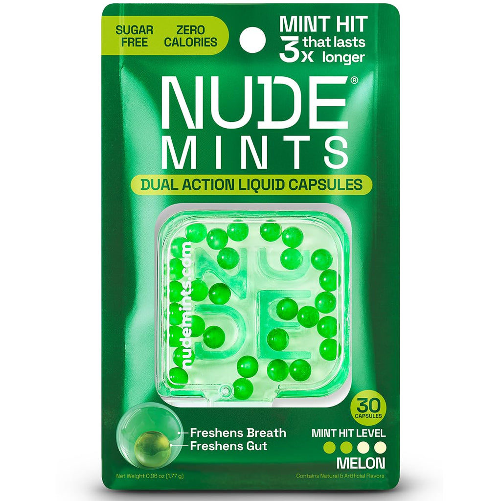NUDE MINTS | Double Action Liquid Capsules | Mouth Watering Mint - Lasts 3x Longer - 3x Stronger - Extreme Bad Breath Solution For Adults - Sugar Free, 0 Calorie - Melon - 10 Pack - 300 Capsules