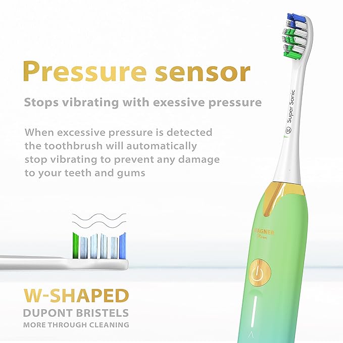 Wagner Stern Ultrasonic whitening Toothbrush with Pressure Sensor. 5 Brushing Modes and 4 Levels of Intensity, 8 Soft bristles, Travel case.