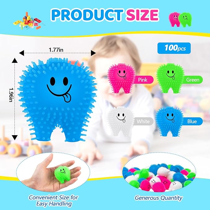 100 Pcs Mini Tooth Toys Fidget Stress Relief Puffer Squeezy Dental Dentist Toys Birthday Party Gifts School Office Prizes, 2 Inch (Multicolored)