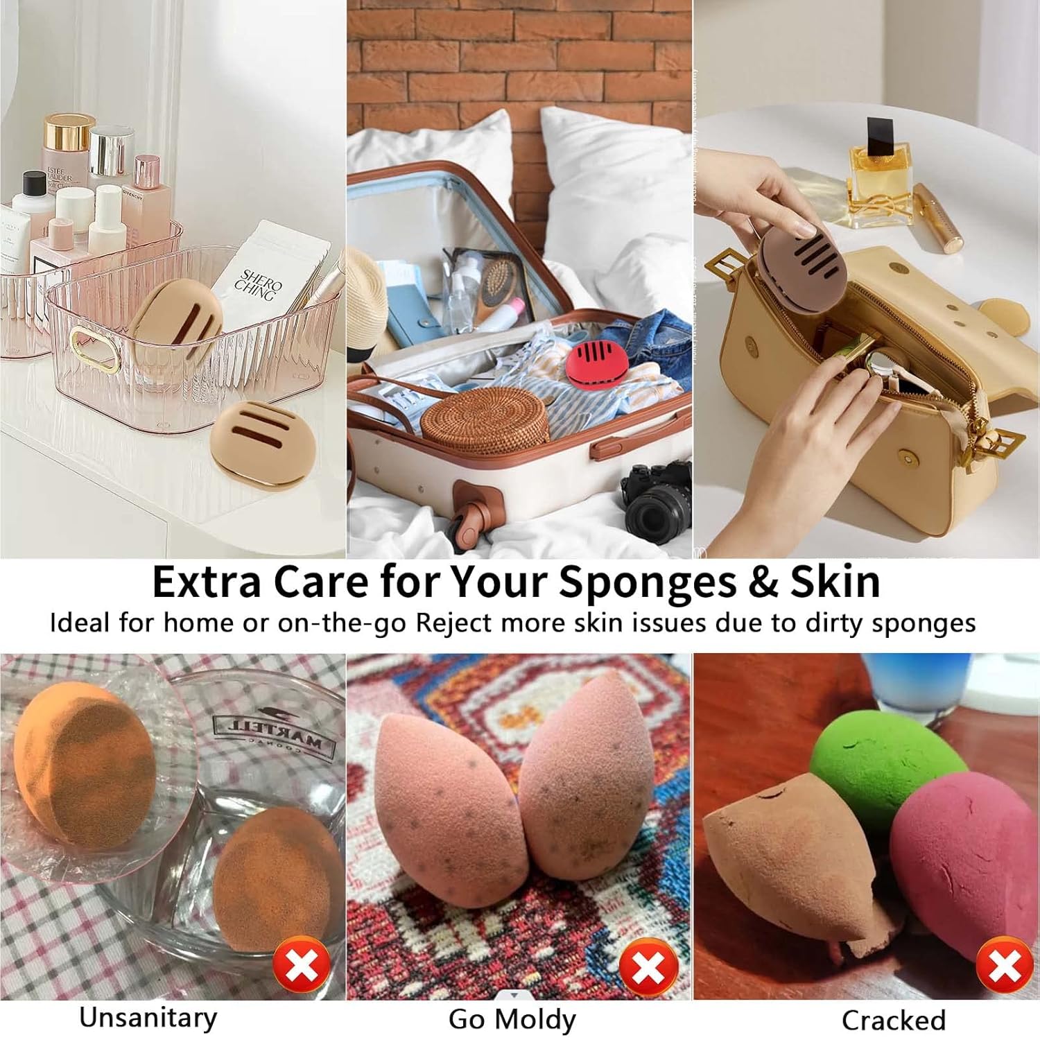 Makeup Sponge Holder,2PCS Double-sided Breathable Silicone Beauty Blender Holder,Integrated Make Up Sponge Travel Case for All Sponges,Black+Pink