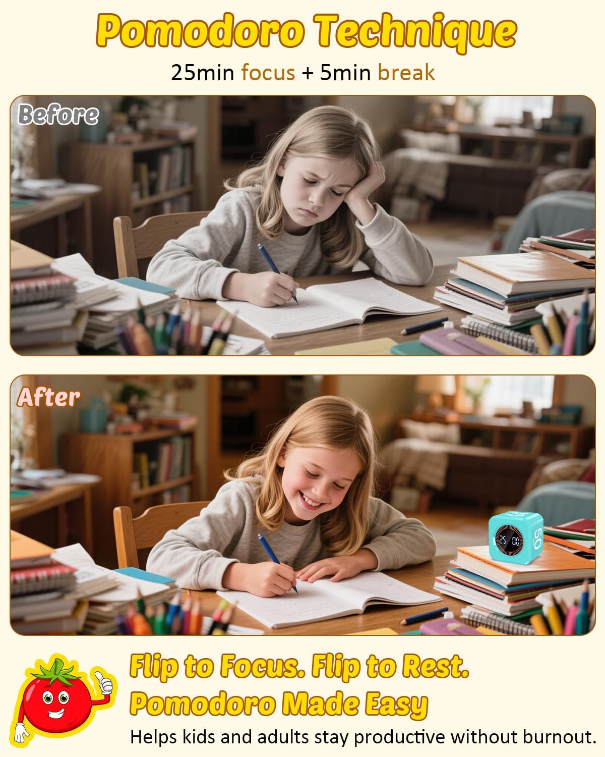 Pomodoro Timer Cube Visual Productivity Flip Timer for Kids Classroom Desk, 5/10/25/50min&Custom Countdown, Silent&Sound Mode Digital Cube for ADHD Study Work School Game Kitchen (Mint Green)