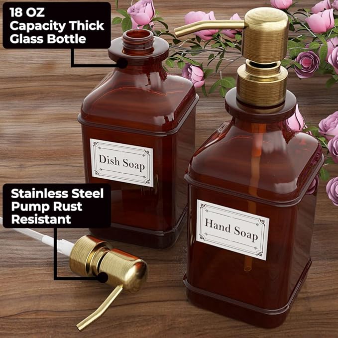GLADPURE Soap Dispenser 2 Pack, Hand Soap Dispensers with 18 Oz Antique Design Thick Amber Glass Bottle, 316 Rust Proof Stainless Steel Pump, 6Pcs Stickers, for Lotion, Soap - Brushed Gold