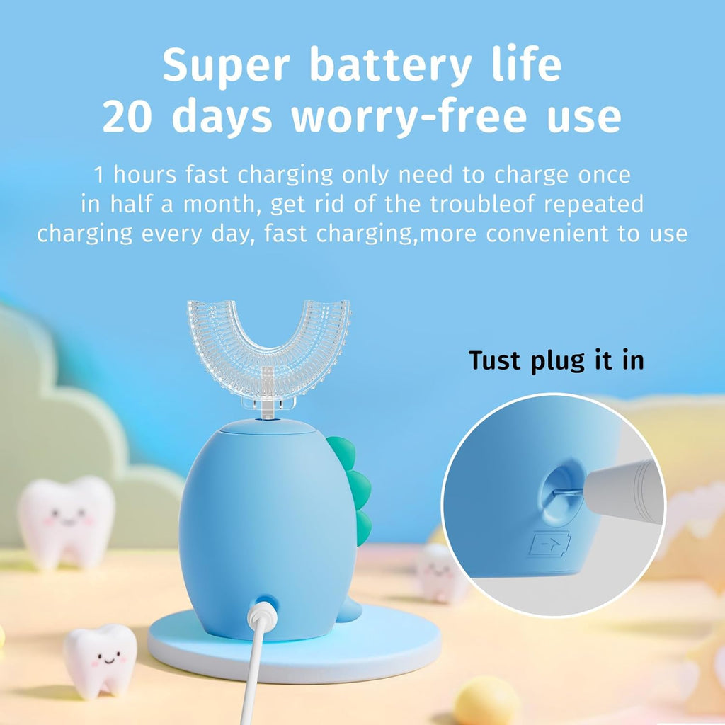 Kids U Shaped Electric Toothbrush，auto Sonic Baby Toothbrush，Cartoon Dinosaur 360-Degree Cleaning IPX7 Waterproof Design（8-15y）