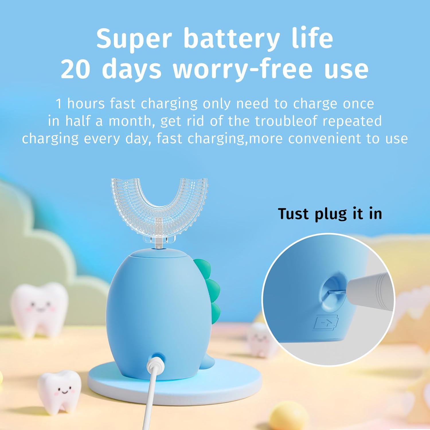 Kids U Shaped Electric Toothbrush，auto Sonic Baby Toothbrush，Cartoon Dinosaur 360-Degree Cleaning IPX7 Waterproof Design（8-15y）