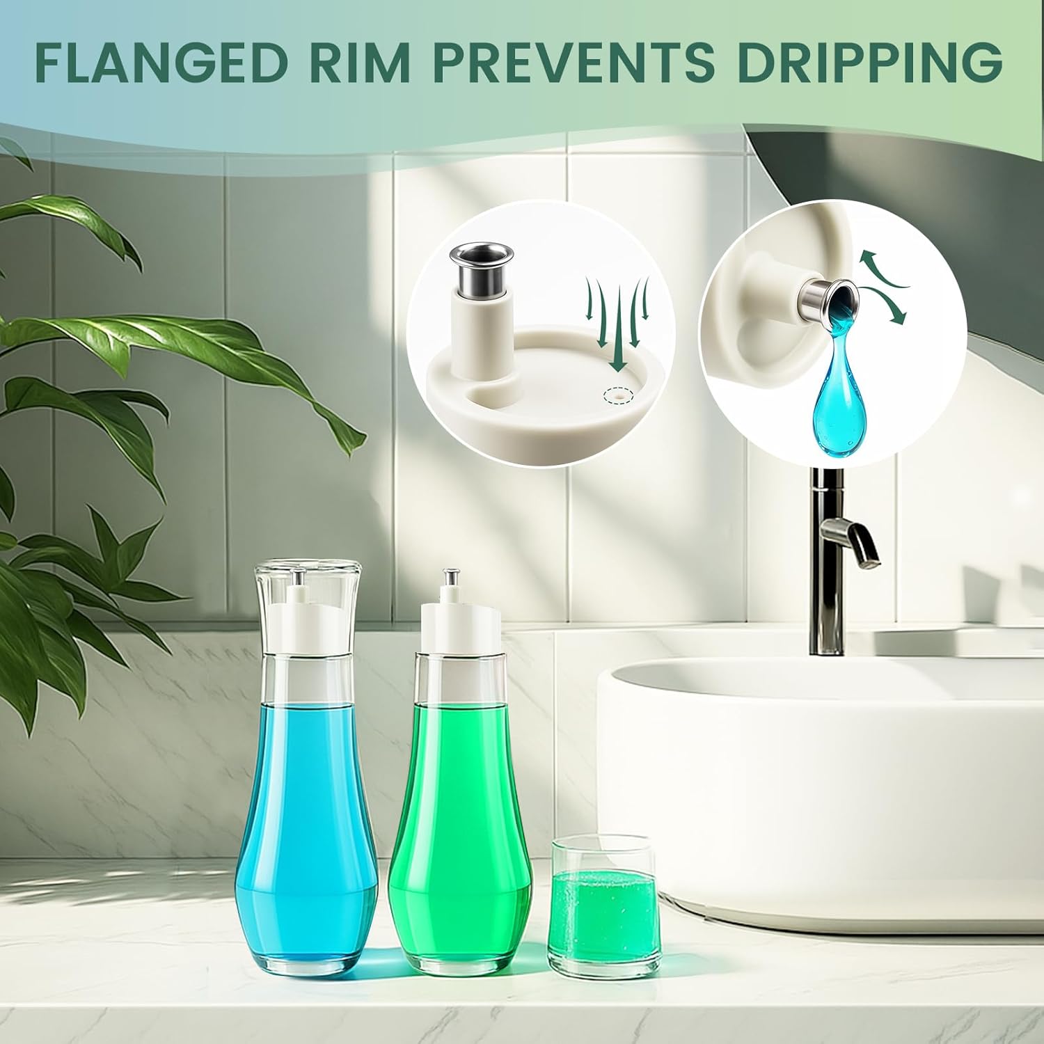 Tokusatsu Mouthwash Dispenser for Bathroom, 8.8 oz Clear Glass Refillable Mouthwash Container Bottle with Lid Cup for Countertop, 1 Pack