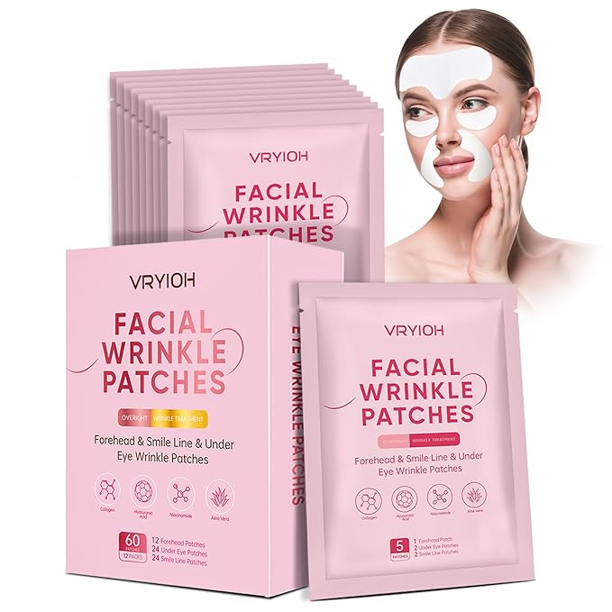 3 IN 1 Forehead, Smile Line & Under Eye Wrinkle Patches, Overnight Facial Wrinkle Treatment with Hyaluronic Acid, Collagen to Lift Lines for Women, 60 Patches
