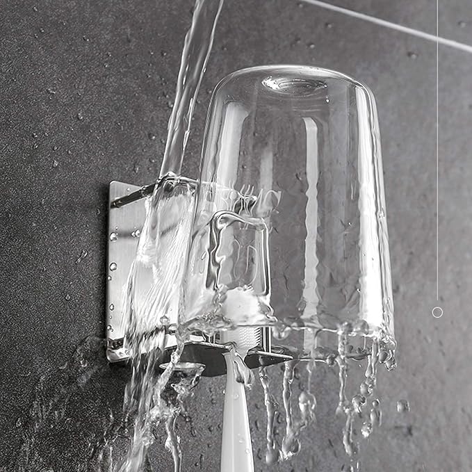 Stainless Steel Adhesive Wall Mounted Toothbrush Holder, 3 in 1 Organizer for Toothbrush, Toothpaste, and Cup (Silver (2 Pack))