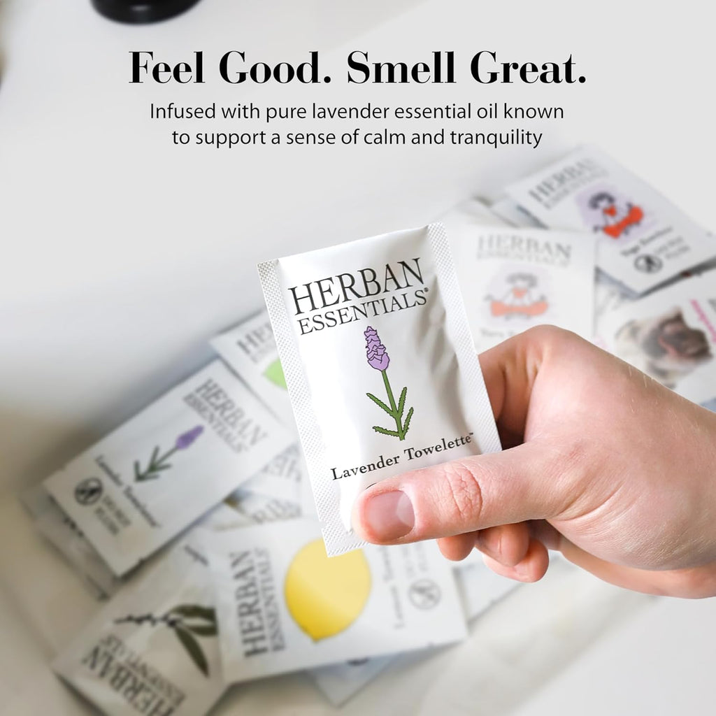 Herban Essentials - Lavender Wipes & Towelettes - Essential Oil Wipes for Make Up, Hands, Face & Body - Travel Size Essentials and Toiletries - Natural, Individually Wrapped and Disposable - 7 Count