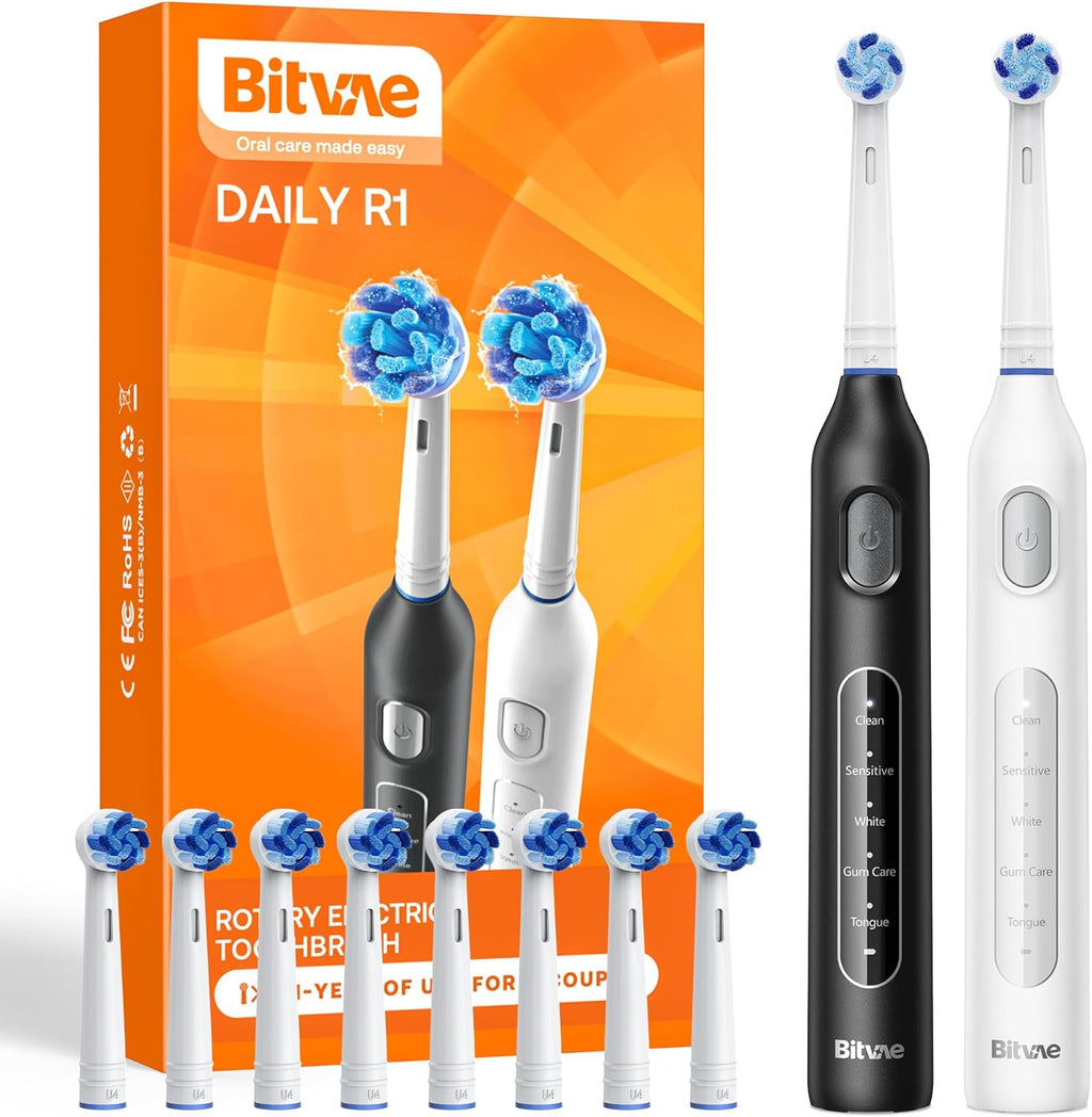 Bitvae Rotating Electric Toothbrush 2 Packs for Adults and Kids, 8 Brush Heads 60-Day Battery Life, 5 Modes Power Toothbrush with 2-Minute Smart Timer, Black & White, R1