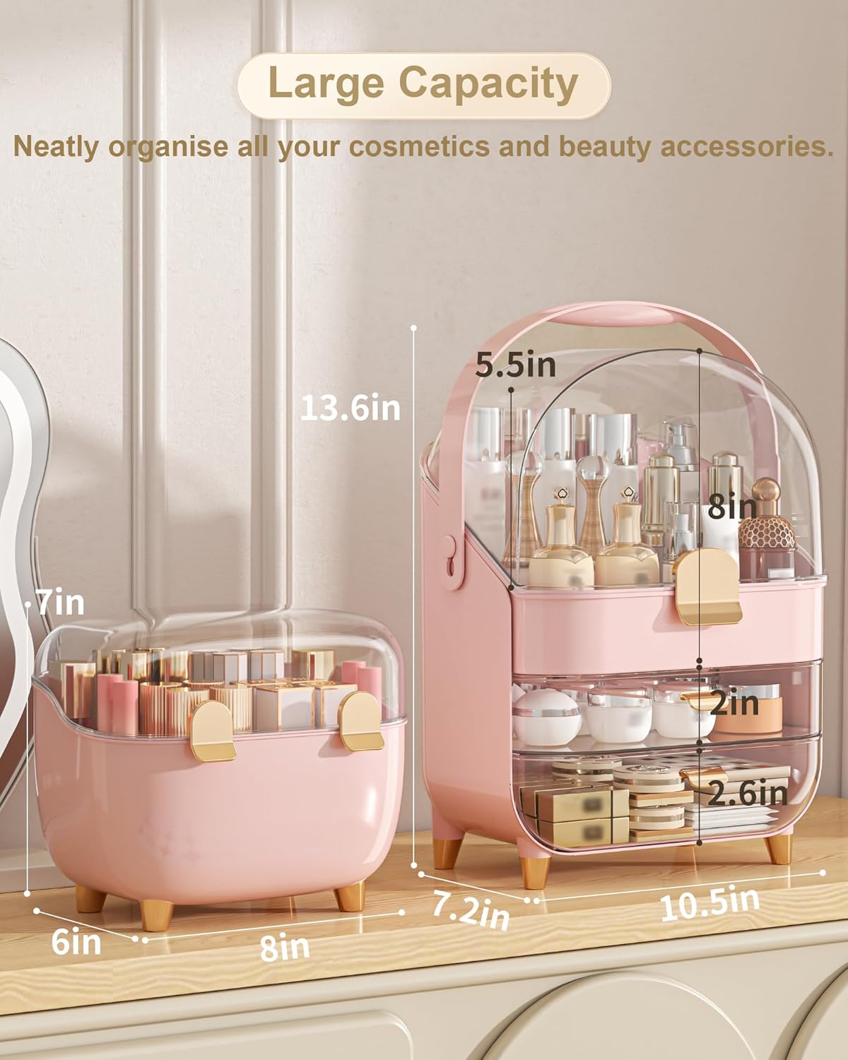 Makeup Organizer with Lipstick Holder, Skincare Organizers Storage Box Cosmetic Display Cases, Teen Girl Gifts Make up Organizers for Vanity, Dresser, Countertop, Bathroom(Pink)