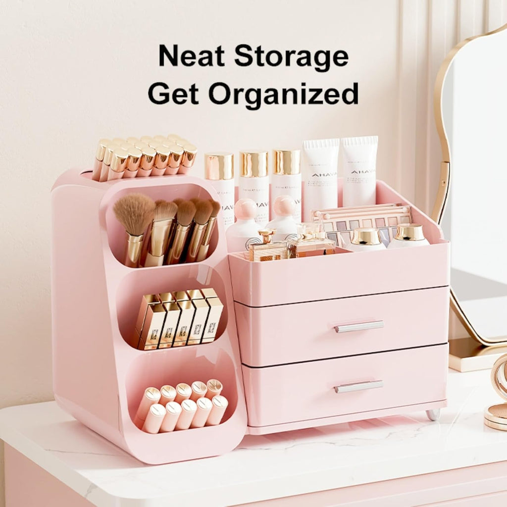 Makeup Organizer with Drawers,Large Capacity Countertop Organizer for Vanity,Bathroom and Bedroom Desk Cosmetics Organizer,Easy To Storage Skincare,Brushes,Lotions,Lipstick (All Pink)