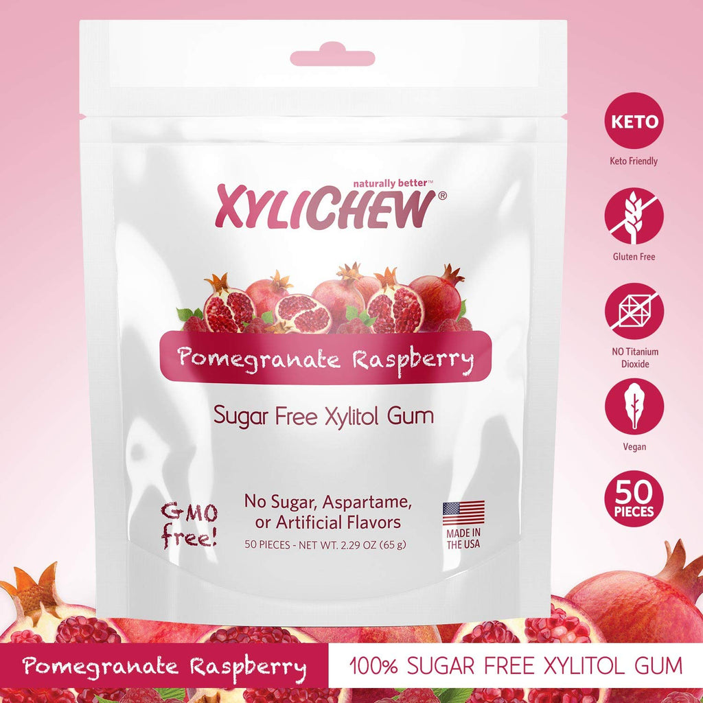 Xylichew 100% Xylitol Chewing Gum - Non GMO, Non Aspartame, Gluten Free, and Sugar Free Gum - Natural Oral Care, Relieves Bad Breath and Dry Mouth - Pomegranate Raspberry, 50 Count