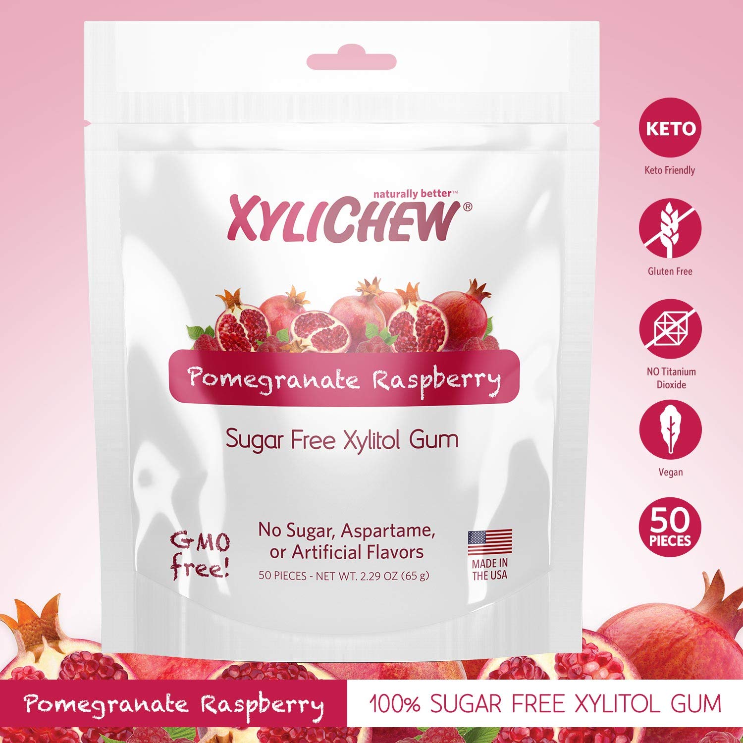 Xylichew 100% Xylitol Chewing Gum - Non GMO, Non Aspartame, Gluten Free, and Sugar Free Gum - Natural Oral Care, Relieves Bad Breath and Dry Mouth - Pomegranate Raspberry, 50 Count