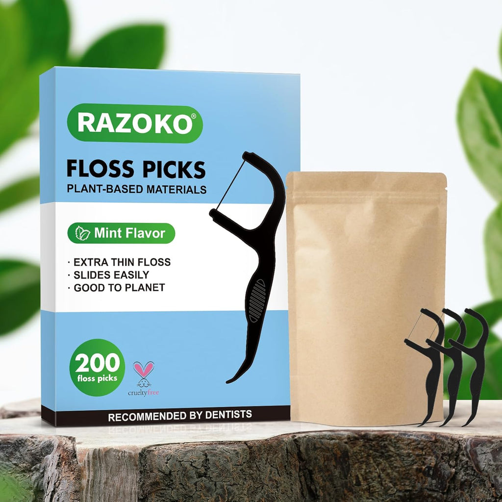 RAZOKO Biodegradable Dental Floss Picks, Charcoal Toothpick Stick Soft On Gum & Teeth, Plant Based Dental Floss Picks for Adults & Kids 200 Count