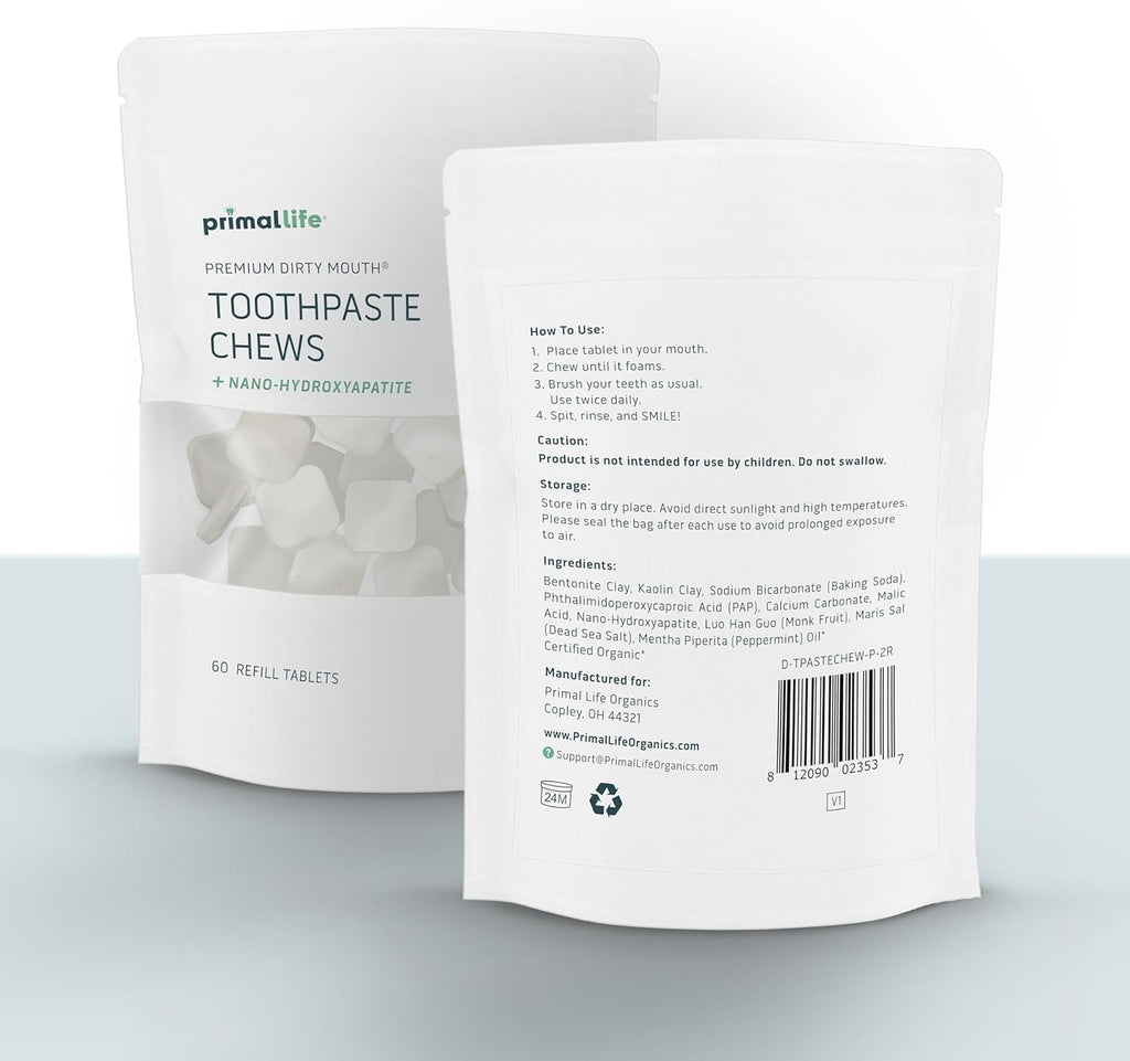 Primal Life Organics Premium Dirty Mouth Toothpaste Chews – Nano-Hydroxyapatite Whitening Toothpaste Tablets for Adults - Gluten Free, Vegan, Paleo - 60 Tablets in Bag - Polished Peppermint