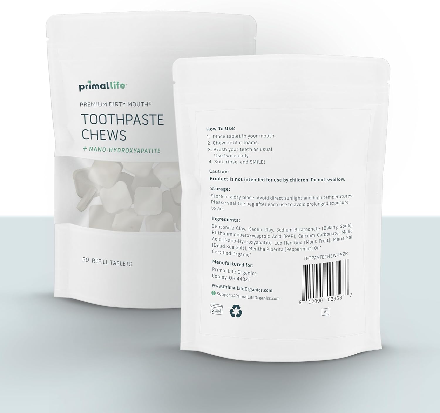 Primal Life Organics Premium Dirty Mouth Toothpaste Chews – Nano-Hydroxyapatite Whitening Toothpaste Tablets for Adults - Gluten Free, Vegan, Paleo - 60 Tablets in Bag - Polished Peppermint