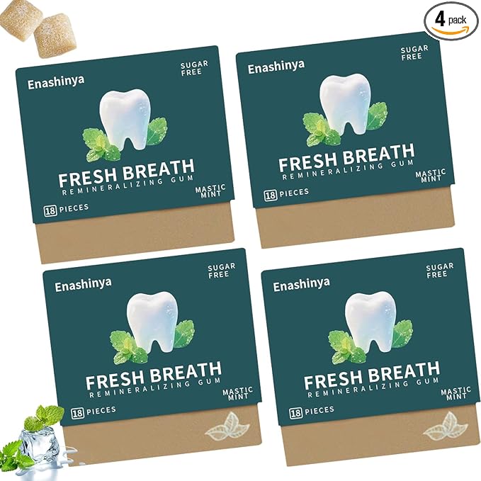 Remineralizing Chewing Gum-with Xylitol Hydroxyapatite,Handcrafted Sugar-Free Frankincense Mint Gum, Sugar Aspartame Plastic Dye Gluten Free,Daily Oral Freshness (18 Count (Pack of 4), Mastic Mint)