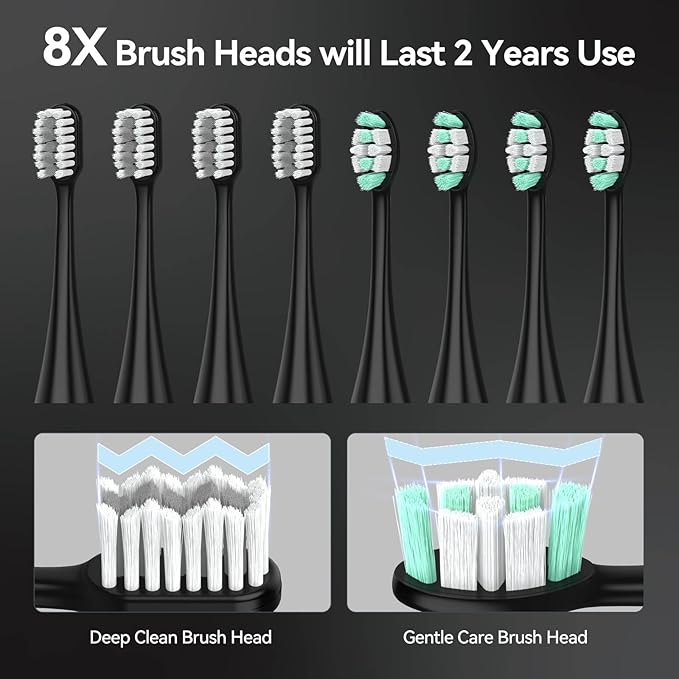 SEAGO Electric Toothbrush for Adults with Pressure Sensor, Sonic Toothbrushes Holder Wall Mounted, 30 Days Battery Life, 5 Cleaning Modes, 8 Replacement Heads, Timer & IPX7 Waterproof (Black, Middle)