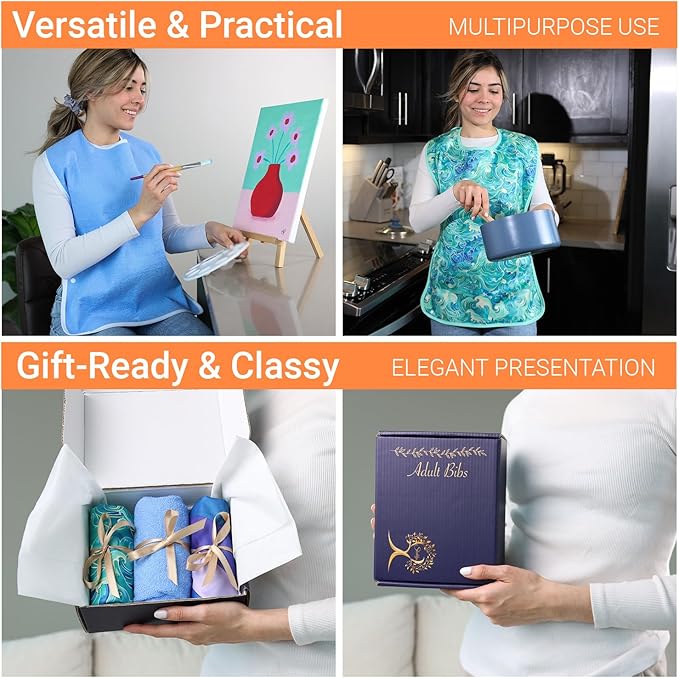 3 Pack Crumb Catcher Adult Bibs for Women, Comfortable Terry Cloth & Polyester bibs for Seniors, Waterproof Adult bibs for Men, Clothing Protectors for Seniors