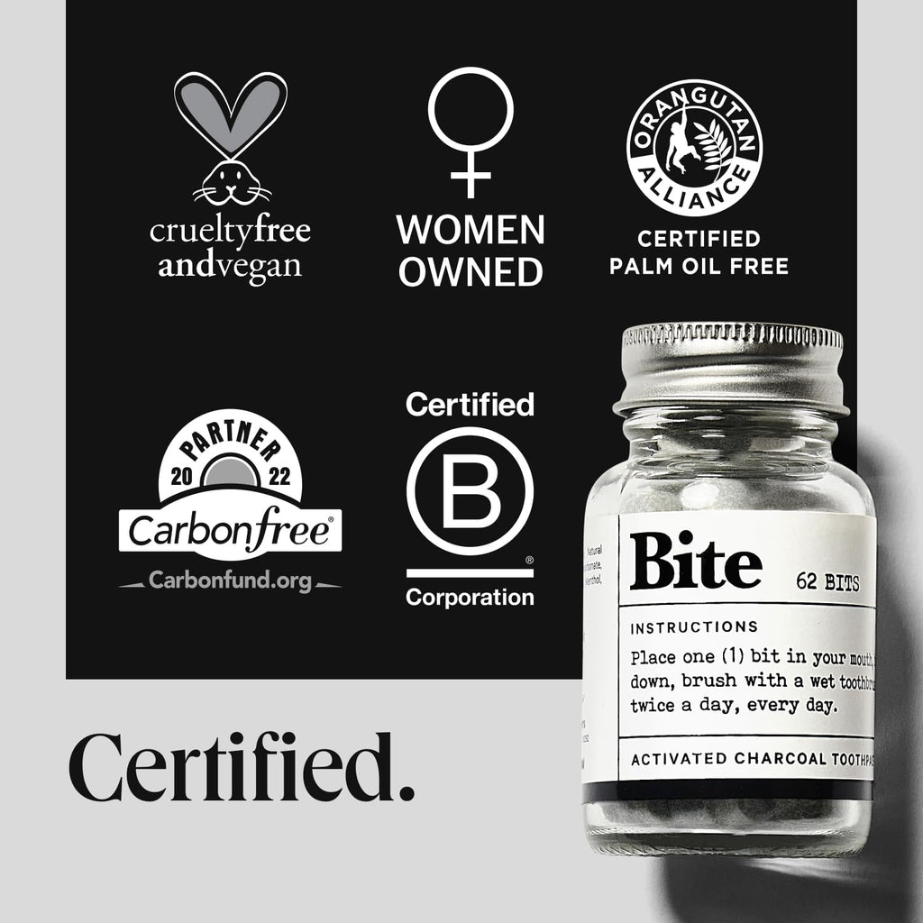 Bite Whitening Toothpaste Tablets – Nano Hydroxyapatite & Xylitol (Mint Charcoal) | Sensitive Teeth Friendly | No Fluoride, Vegan, Cruelty-Free | Travel-Size | 2 Bottles (124 Bits) | Made in USA