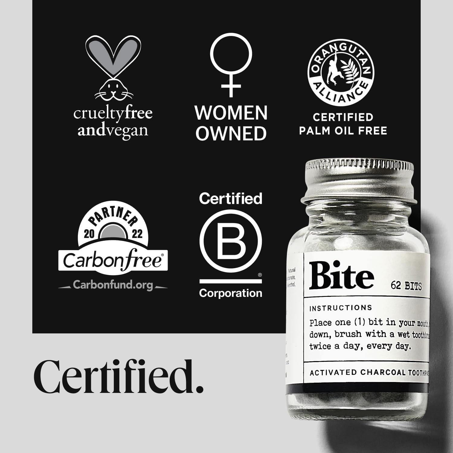 Bite Whitening Toothpaste Tablets – Nano Hydroxyapatite & Xylitol (Mint Charcoal) | Sensitive Teeth Friendly | No Fluoride, Vegan, Cruelty-Free | Travel-Size | 2 Bottles (124 Bits) | Made in USA