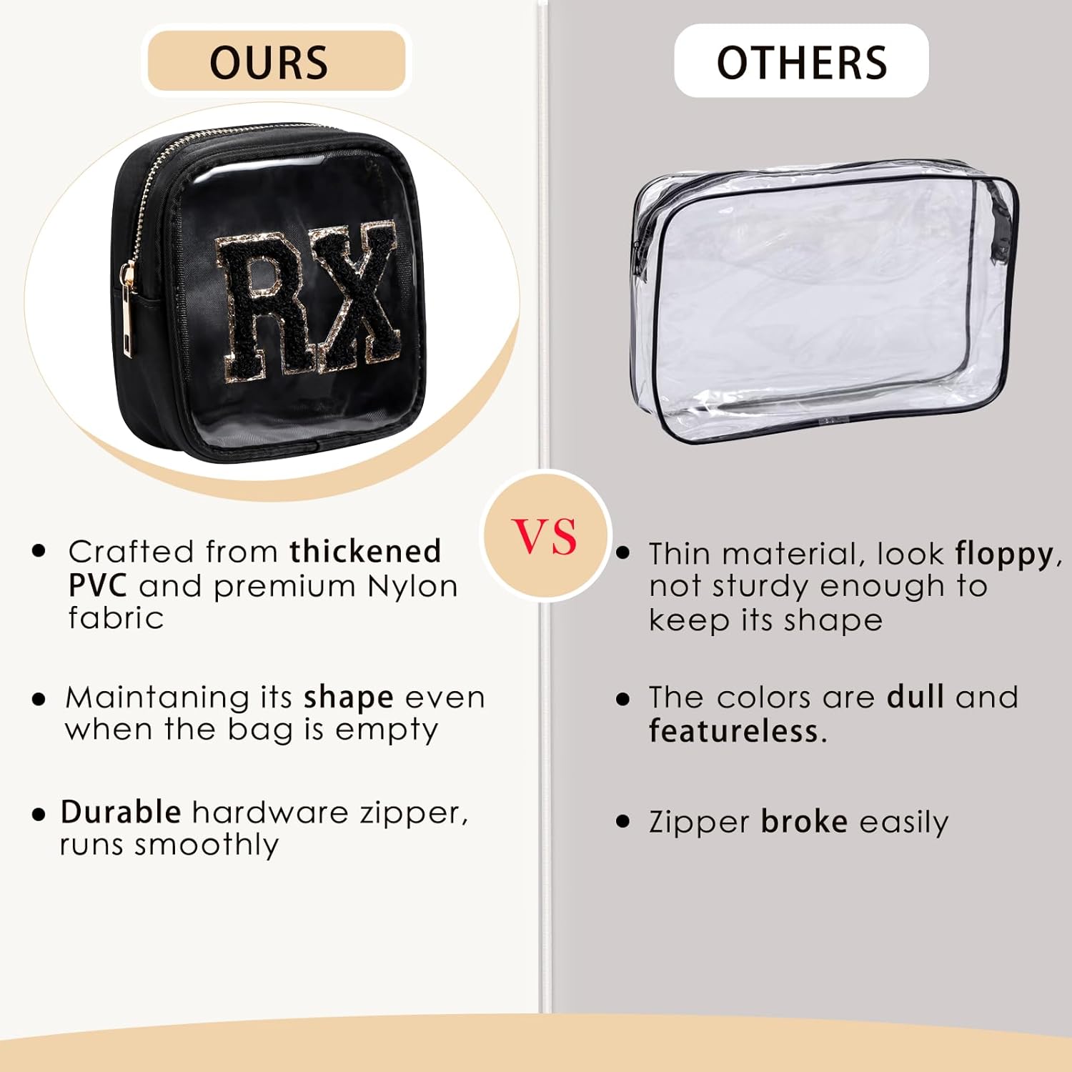 Small Chenille Letter Clear Medicine Makeup Bags,Nylon PVC Waterproof Rx Pouch with Metal Zipper, Cute Drug First Aid Travel Organizer for Women Girls(05Black)