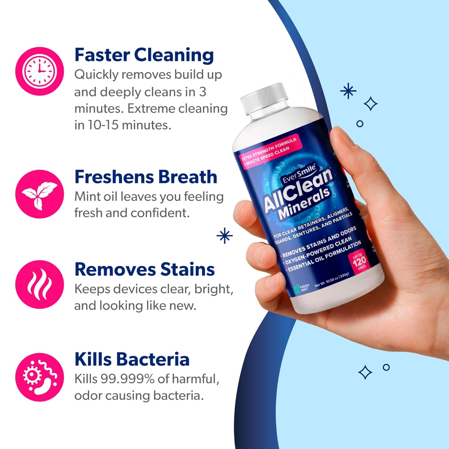 EverSmile AllClean Minerals – Deep Cleaner for Retainers, Clear Aligners, Invisalign, Dentures, Night & Mouth Guards – Removes Stains, Odors & Plaque in 3-Minutes – Up to 120 Uses (300g), 3 Pack