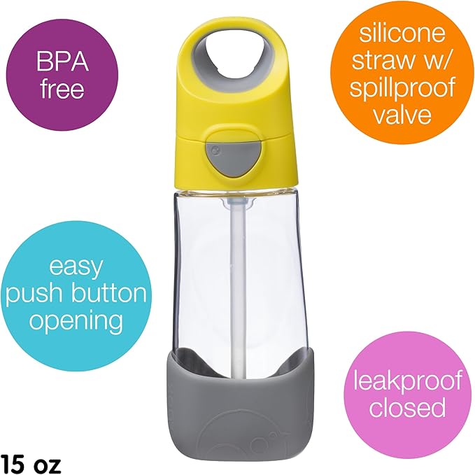 b.box 15oz Tritan Kids Water Bottle – Toddler Drink Bottle with Straw for School, Daycare, Travel w/Easy-Grip Triangular Design, Leak Proof Lid & Handle, BPA Free, Dishwasher Safe (Lemon Sherbet)