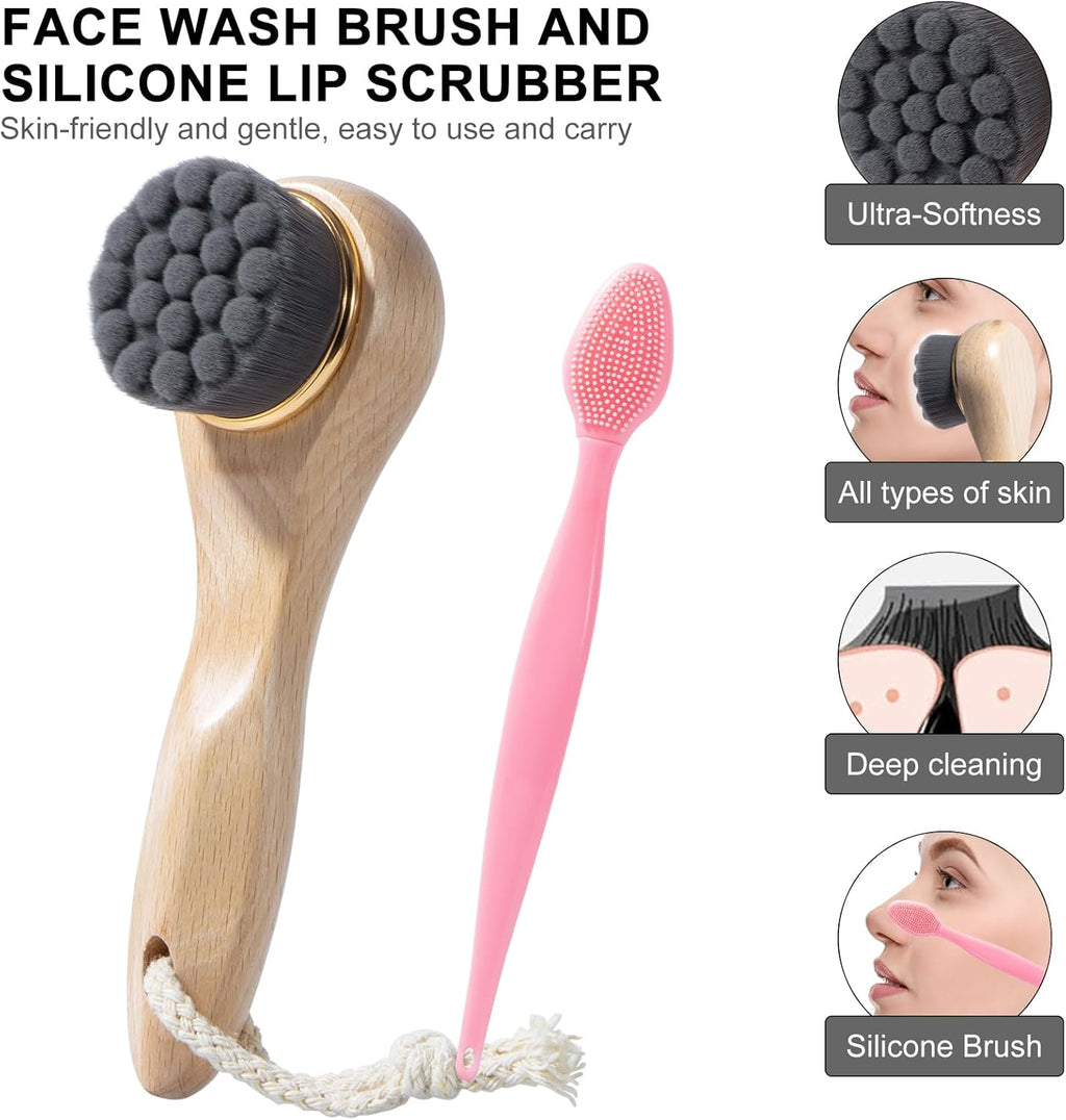 Face Scrubber with Wooden Handle, Manual Facial Cleansing Brushes for Deep Pore Cleansing, Soft Bamboo Charcoal Fiber Exfoliating Face Wash Brush and Silicone Lip Scrubber for Face Care, Black