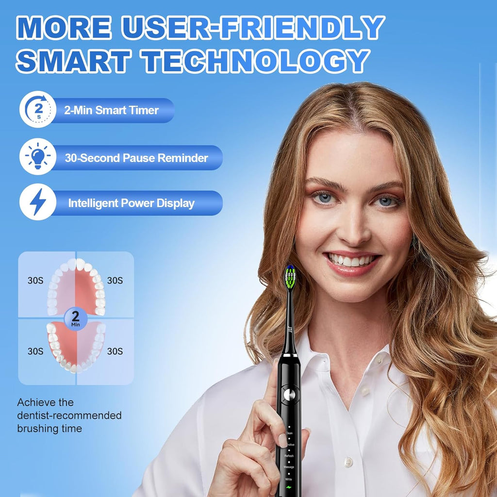 JTF Sonic Electric Toothbrush for Adults - Teeth Whitening Toothbrush with 6 Brush Heads and a Travel Case, Fast Charging for 60 Days Use Waterproof Toothbrushes, Black
