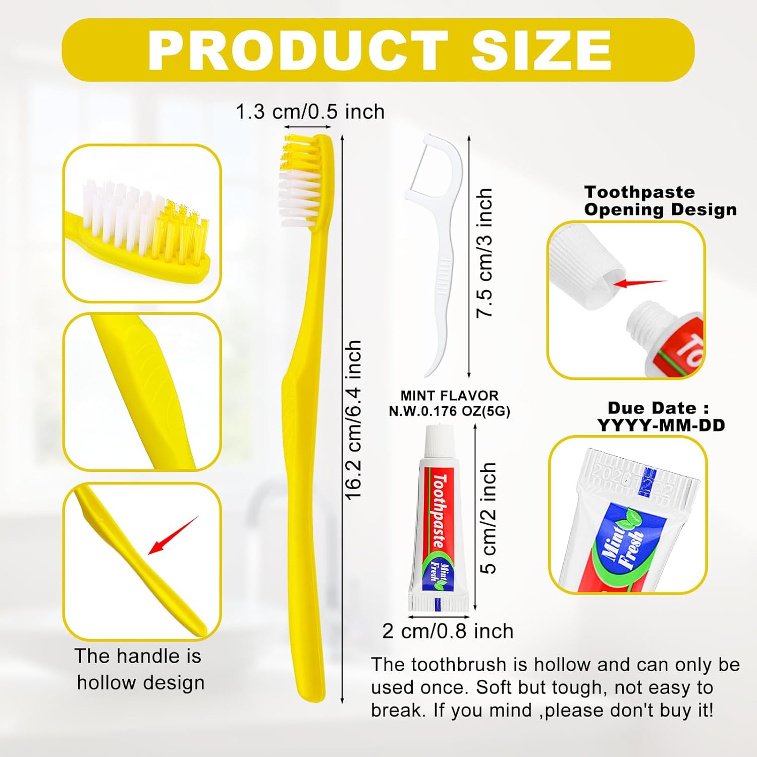 200pcs Disposable Toothbrushes with Toothpaste and Floss,Yellow Bulk Single Use Toothbrush Floss Pick Individually Wrapped Disposable Travel Toothbrushes Kit for Homeless,Airbnb,Hotel,Guest