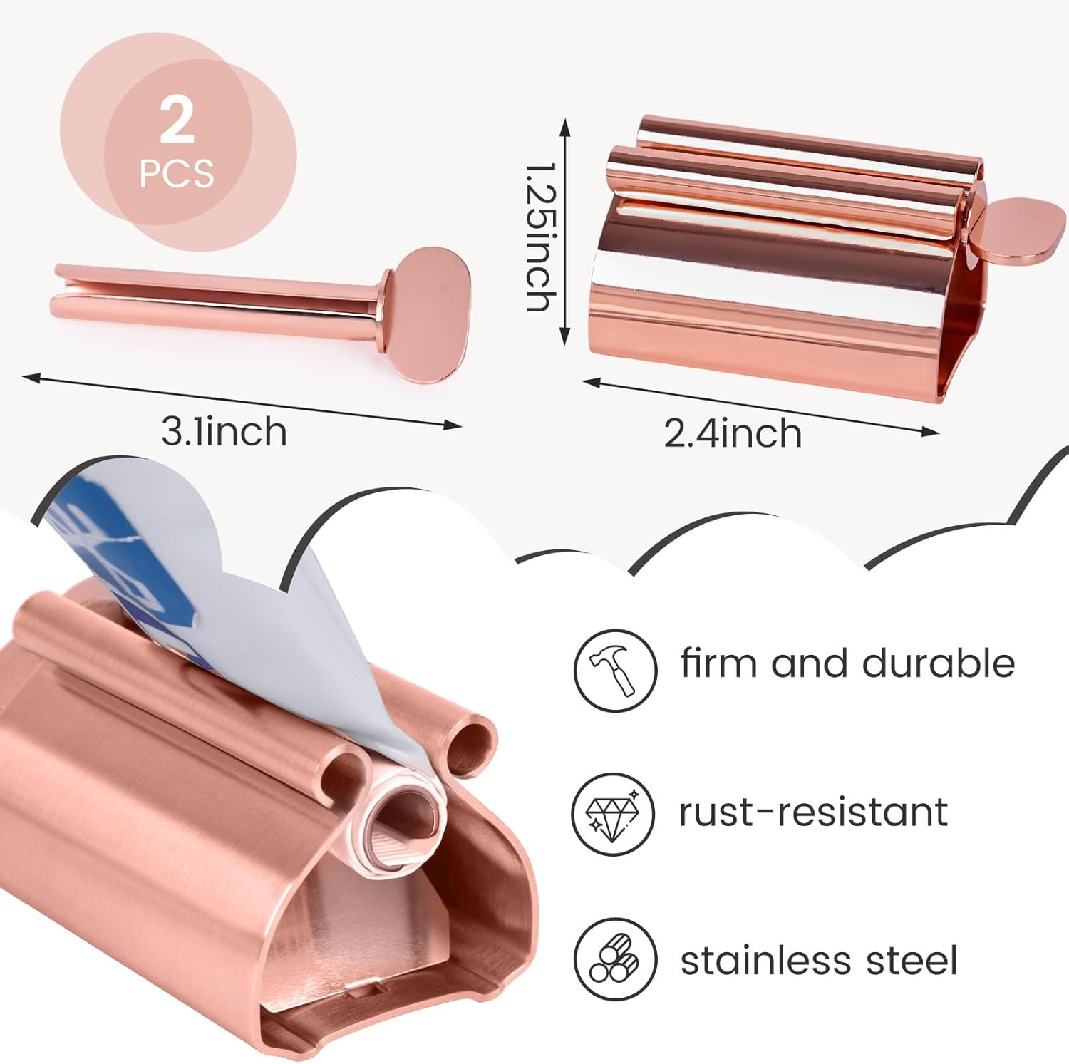 LOVEINUSA Toothpaste Tube Squeezer Dispenser, 2PCS Toothpaste Roller Squeezer Tool Metal Stainless Steel Tooth Paste Holder for Bathroom, Rose Gold